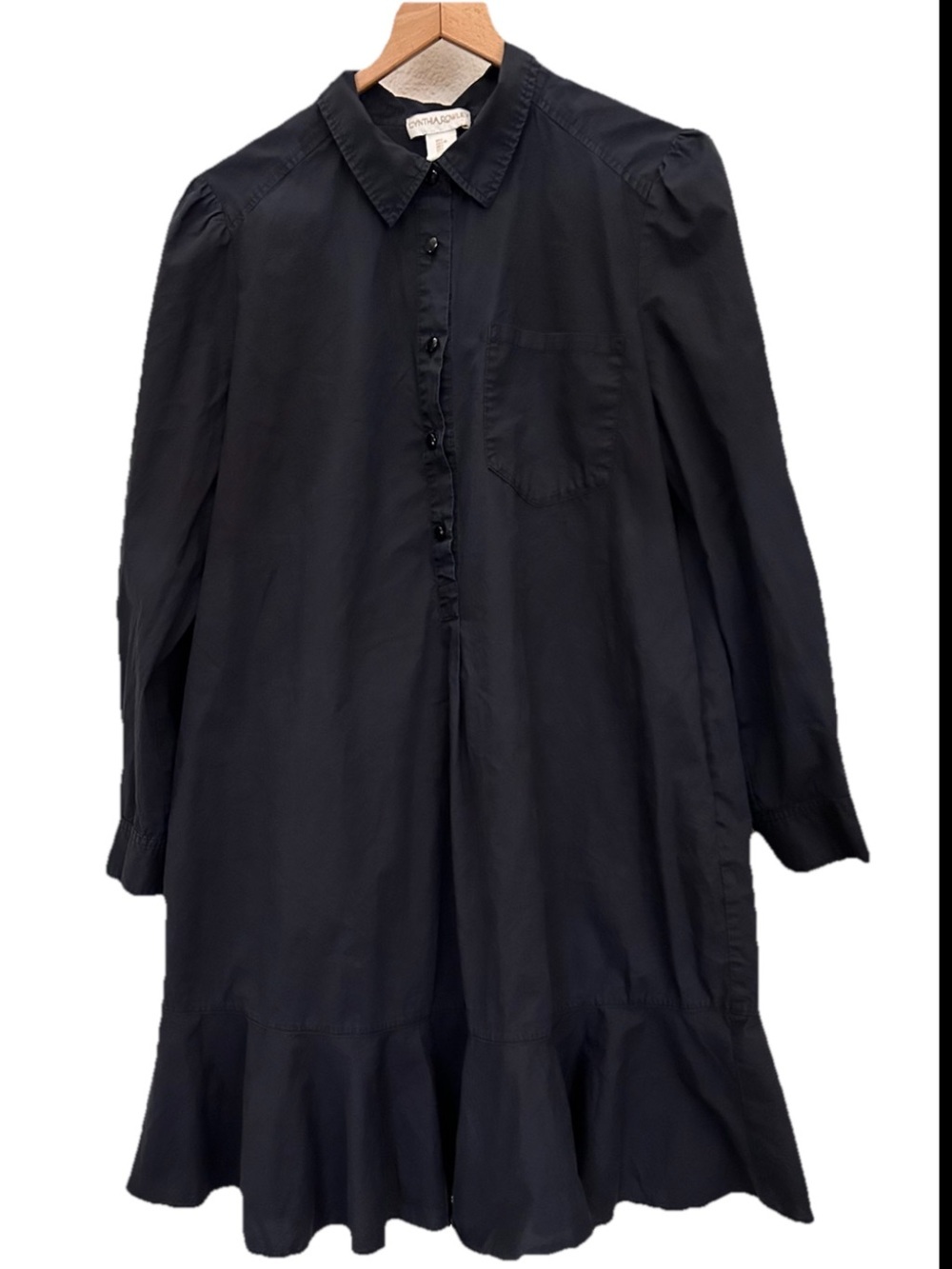 Cynthia Rowley Black 100% Cotton Drop Waist
Flounce Ruffle Mini Shirt Dress L
